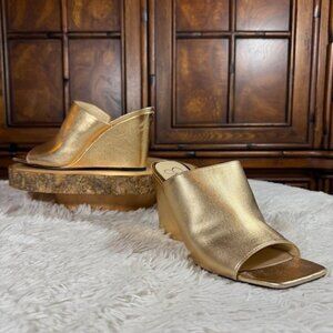 Jessica Simpson Aishia Gold Faux Leather Wedge Mules